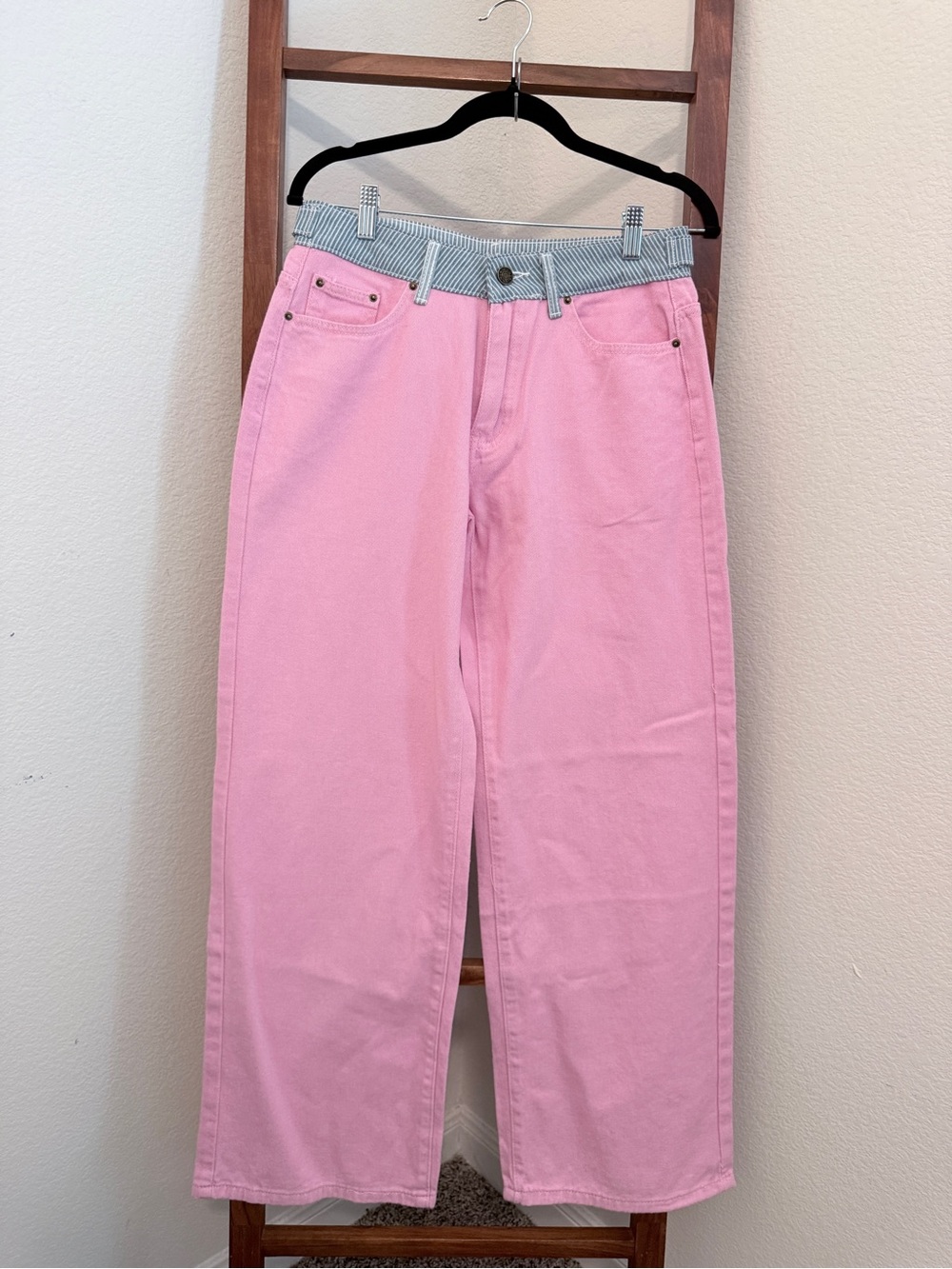 Pink Wide Leg Jeans Railroad Stripe Contrast Waist Denim Size Medium